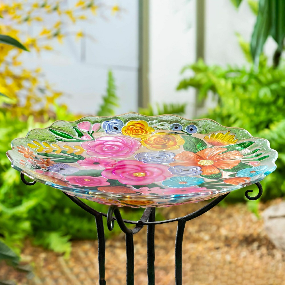 Plow & Hearth What She Shed Birdbath, Glass Bundle of Flowers, 18"