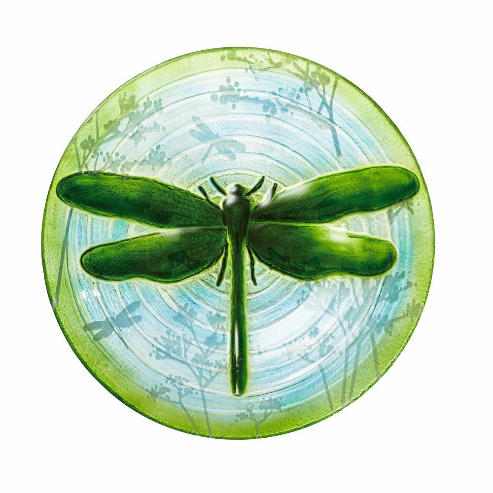 Plow & Hearth 18"Hand Painted and Embossed Glass Bird Bath, Fluttering Dragonfly Pon