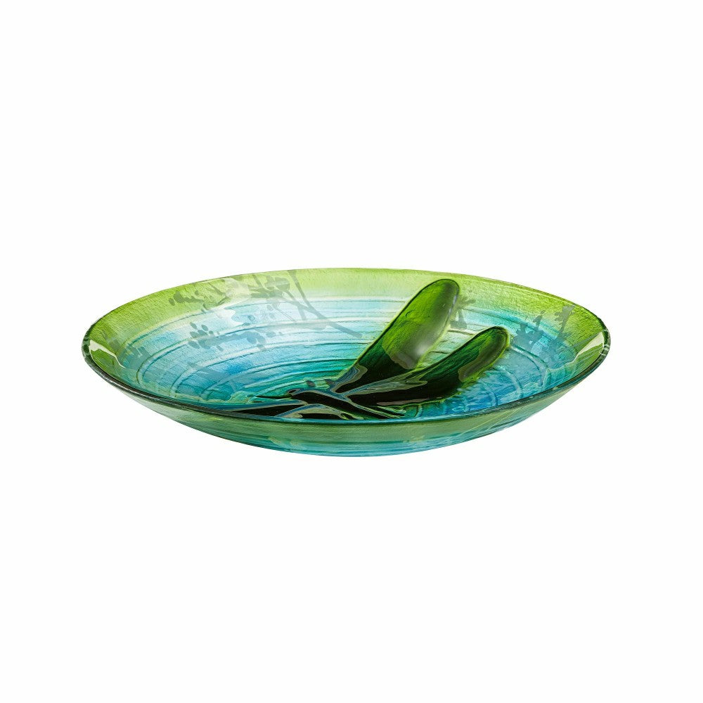 Plow & Hearth 18"Hand Painted and Embossed Glass Bird Bath, Fluttering Dragonfly Pon
