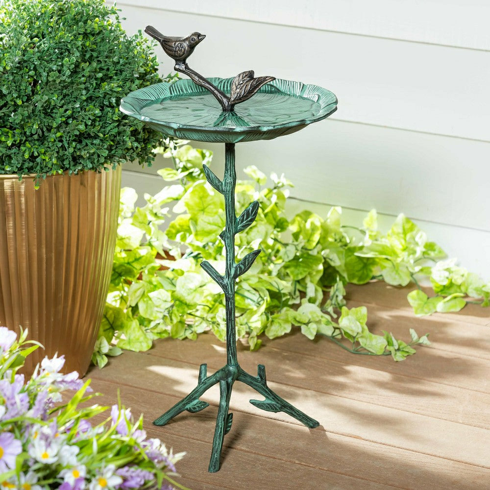 Plow & Hearth Cottage Garden Birdbath, Metal Green Birdbath with Stand, 12"