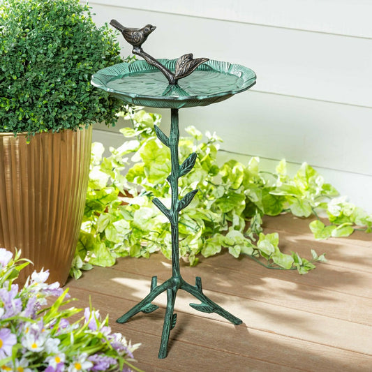 Plow & Hearth Cottage Garden Birdbath, Metal Green Birdbath with Stand, 12"