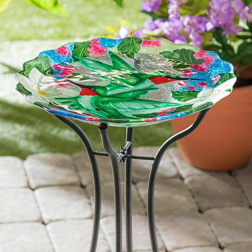 Plow & Hearth Pollinator Garden Birdbath, Hand Painted Hummingbird Bouquets, 18"