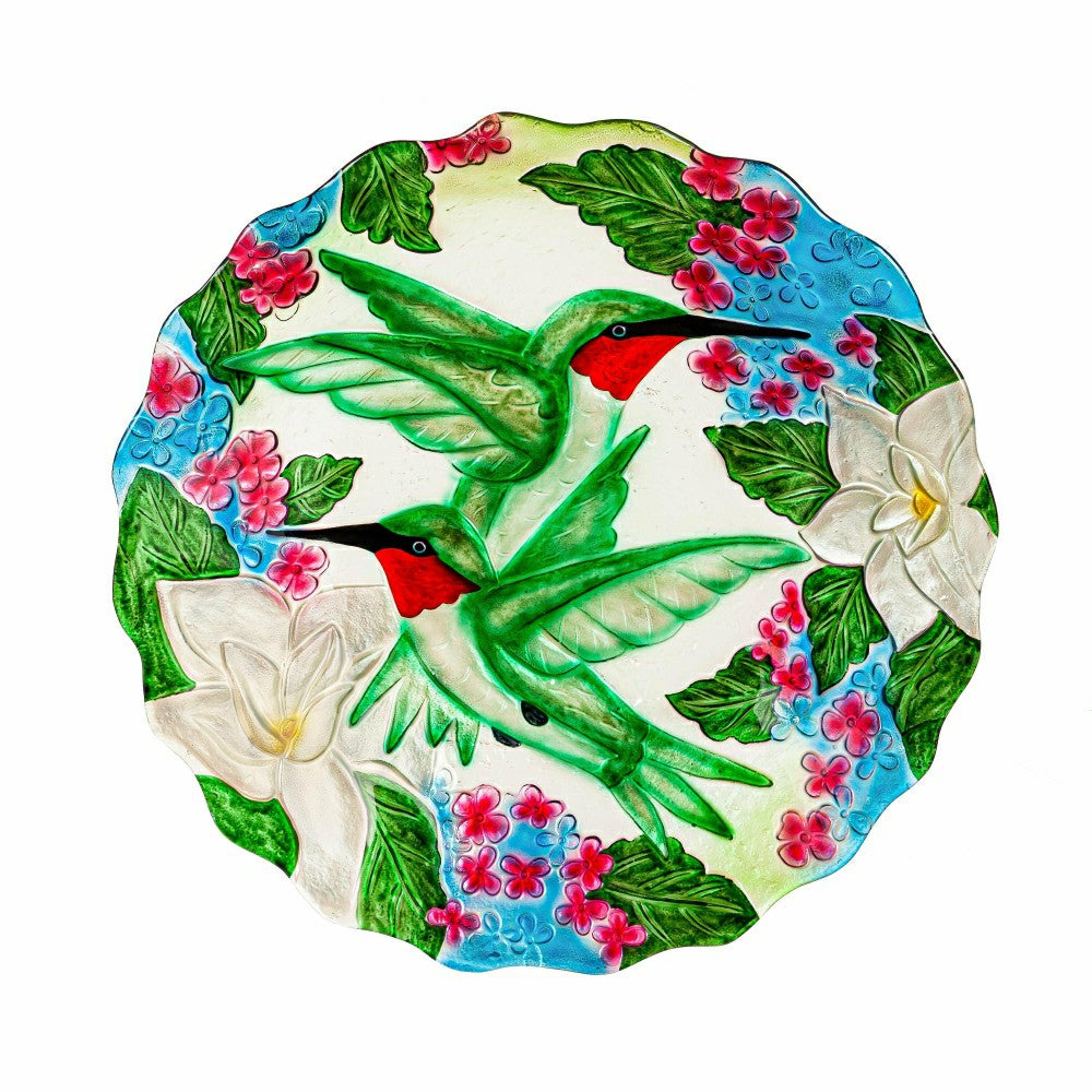 Plow & Hearth Pollinator Garden Birdbath, Hand Painted Hummingbird Bouquets, 18"