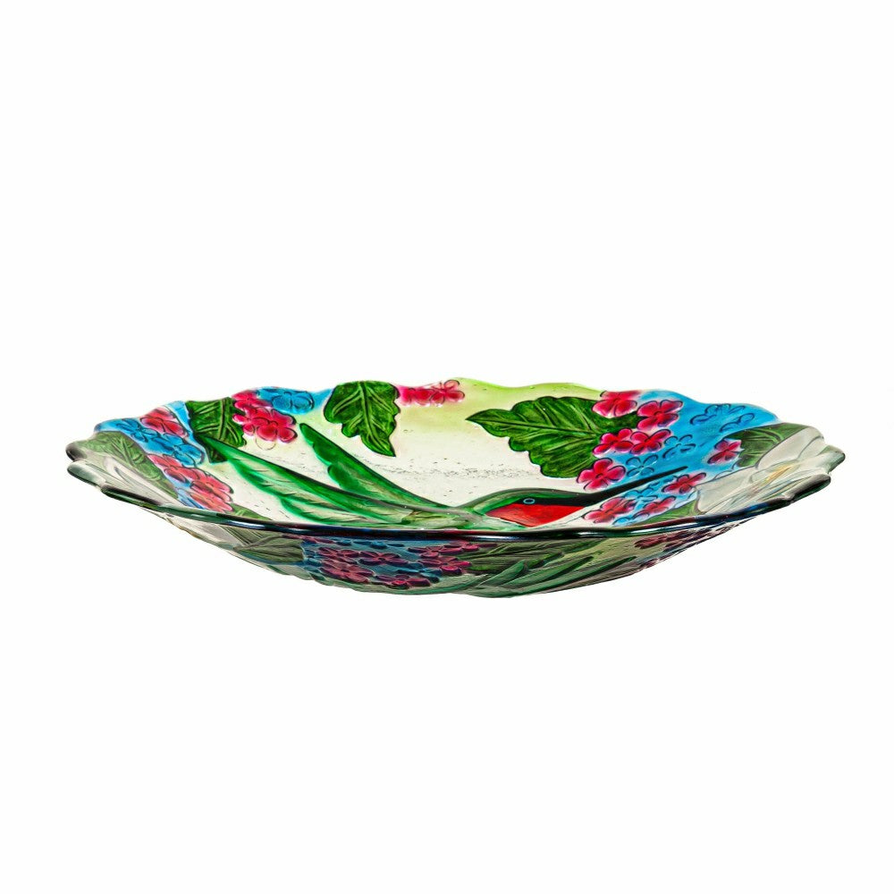 Plow & Hearth Pollinator Garden Birdbath, Hand Painted Hummingbird Bouquets, 18"