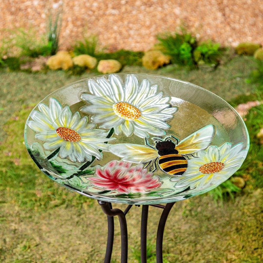 Plow & Hearth Cottage Garden Birdbath, Hand Painted Daisies and Bees, 18"