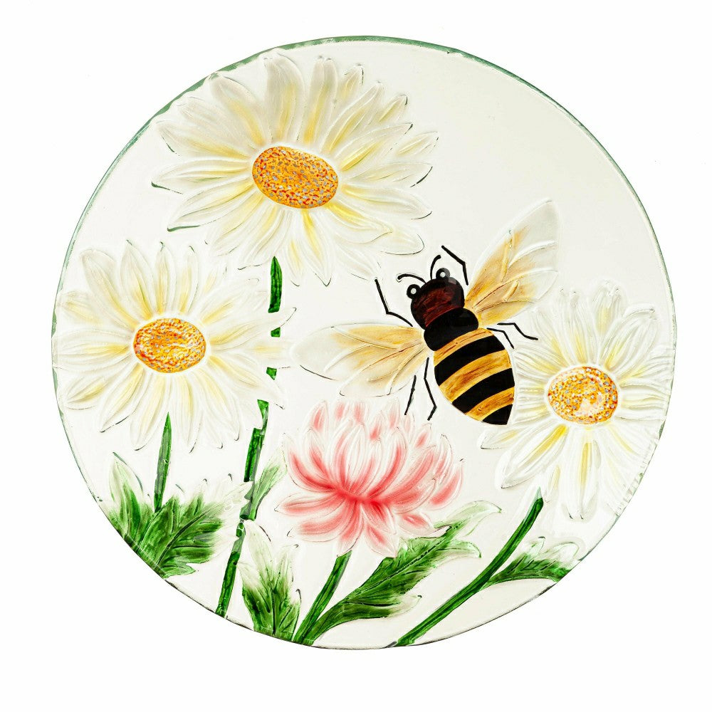 Plow & Hearth Cottage Garden Birdbath, Hand Painted Daisies and Bees, 18"