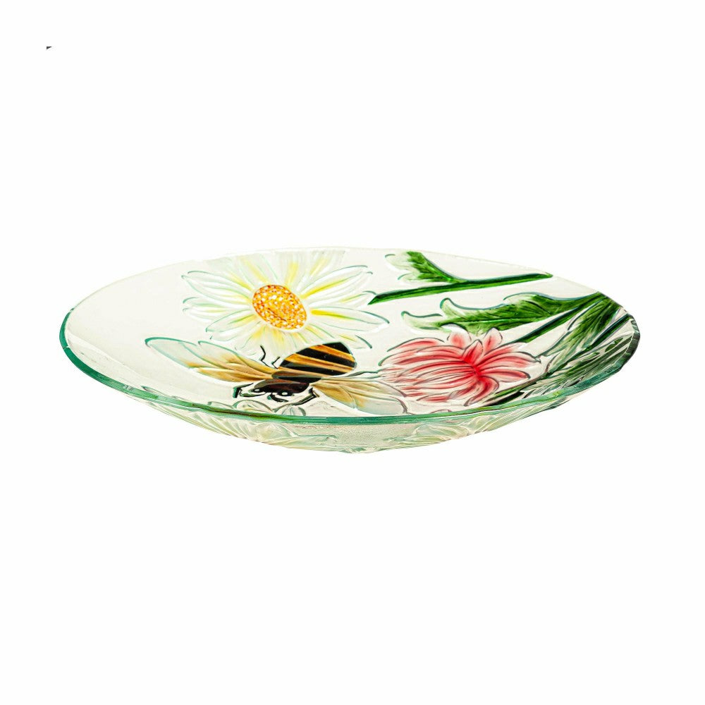 Plow & Hearth Cottage Garden Birdbath, Hand Painted Daisies and Bees, 18"