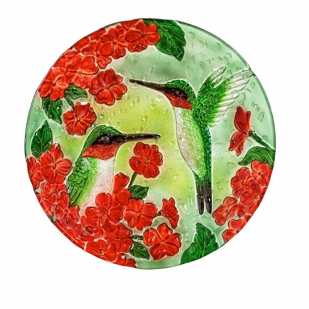 Plow & Hearth 18" Hand Painted Bird Bath with Crushed Glass, Happy Hummingbirds