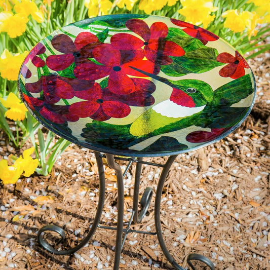 Plow & Hearth Cottage Garden Birdbath, Glass bird bath with Stand, Hummingbird, 16"