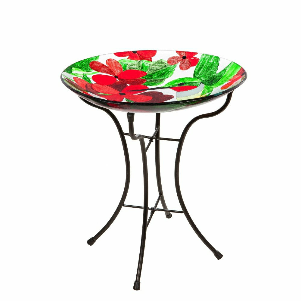 Plow & Hearth Cottage Garden Birdbath, Glass bird bath with Stand, Hummingbird, 16"