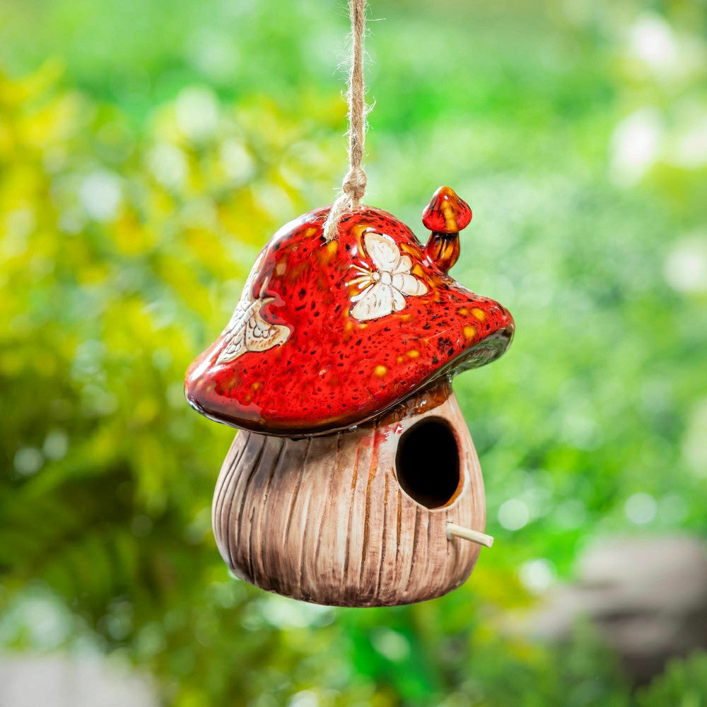 Plow & Hearth Cottage Garden Bird House, Ceramic Fantasy Mushroom