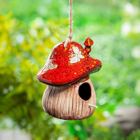 Plow & Hearth Cottage Garden Bird House, Ceramic Fantasy Mushroom