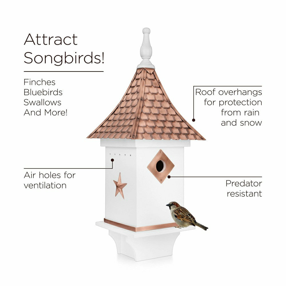 Plow & Hearth White Villa-Style Birdhouse with Hand-Hammered Copper Roof and Accents