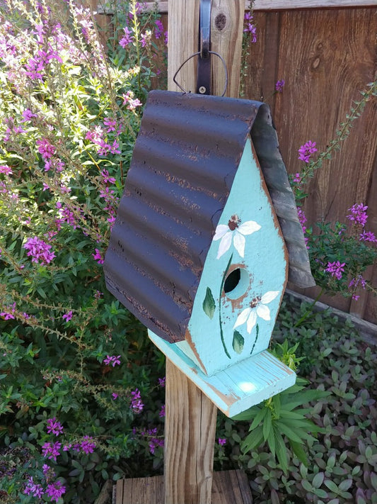 Plow & Hearth A Framed Bird House with Hand-Painted Flowers and Metal Roof