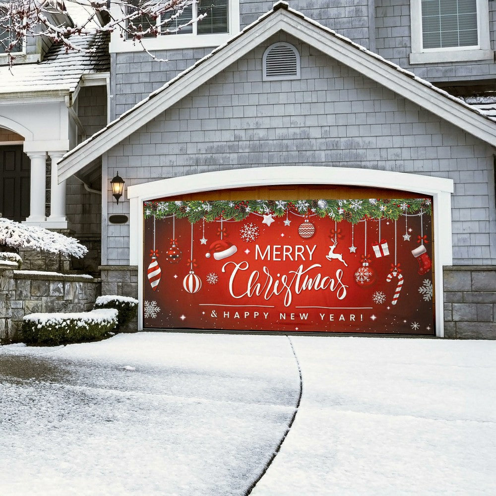 Plow & Hearth Merry Christmas & Happy New Year Double Garage Door Cover