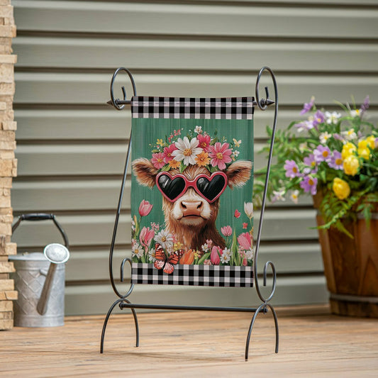 Plow & Hearth Floral Sunglasses Highland Cow Burlap Garden Flag