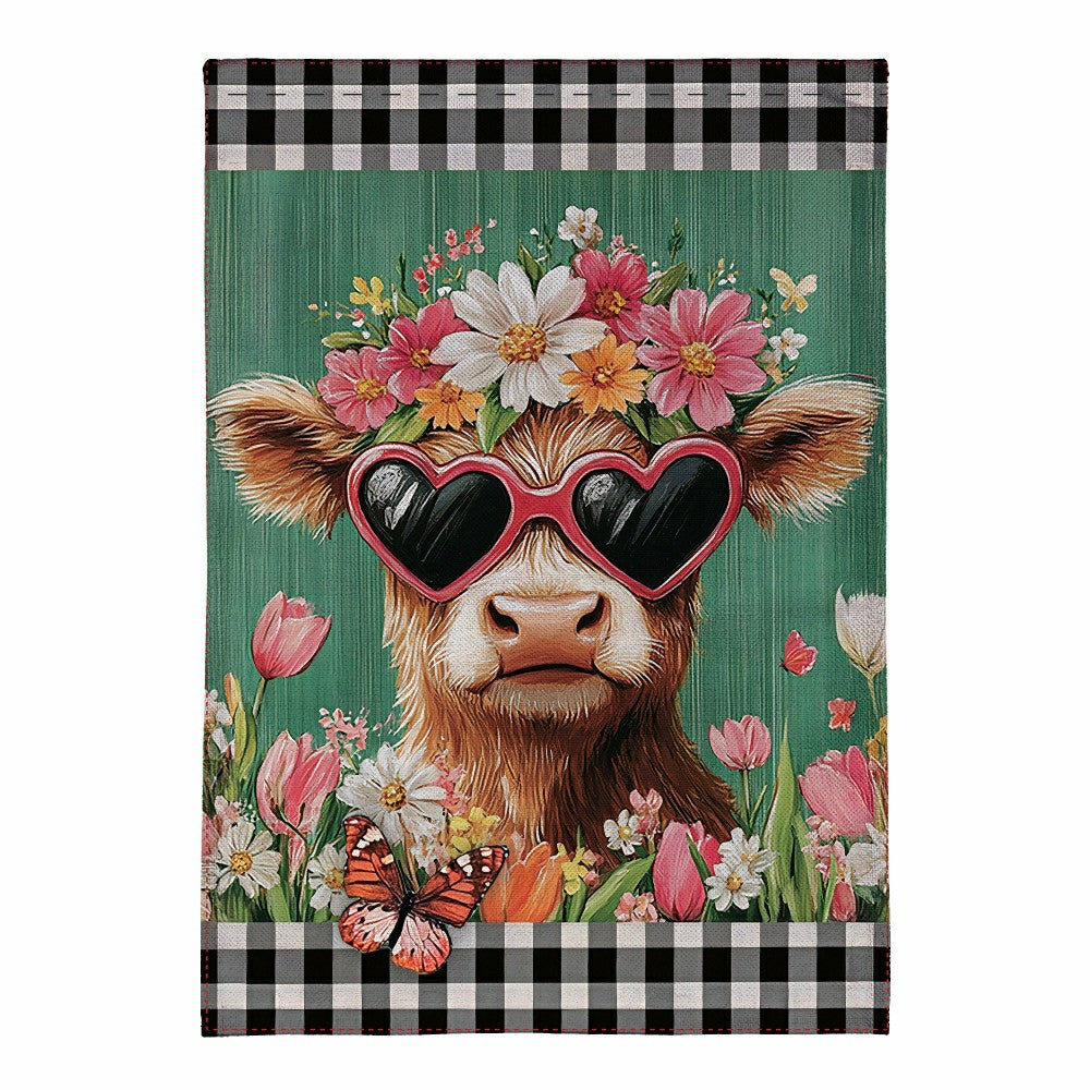 Plow & Hearth Floral Sunglasses Highland Cow Burlap Garden Flag