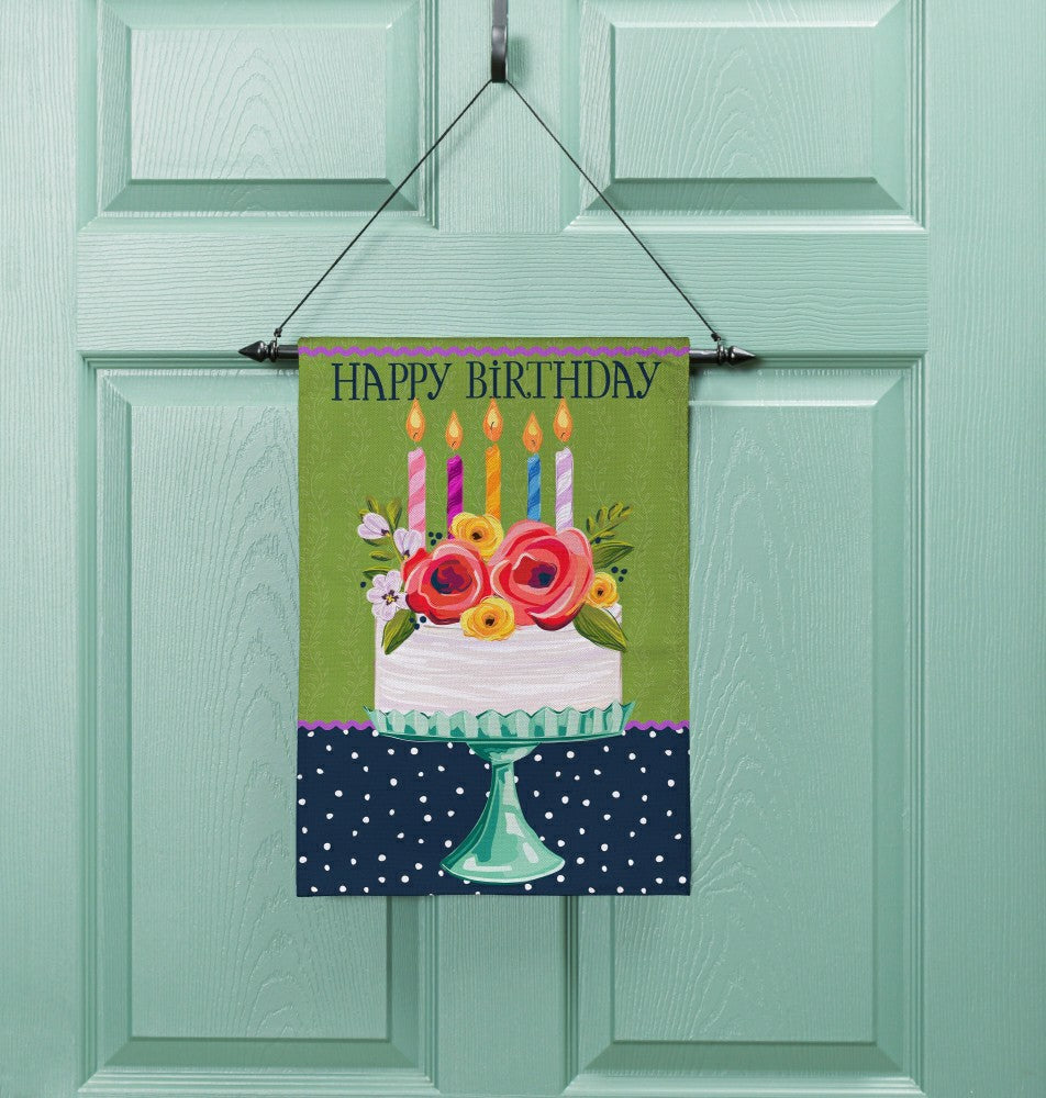 Plow & Hearth Floral Happy Birthday Cake Burlap Garden Flag