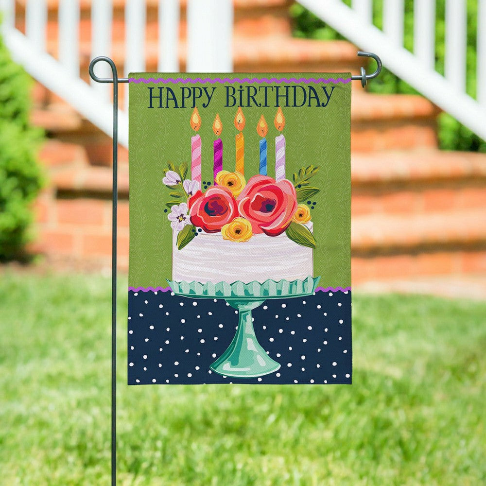 Plow & Hearth Floral Happy Birthday Cake Burlap Garden Flag
