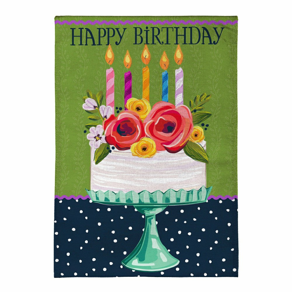 Plow & Hearth Floral Happy Birthday Cake Burlap Garden Flag