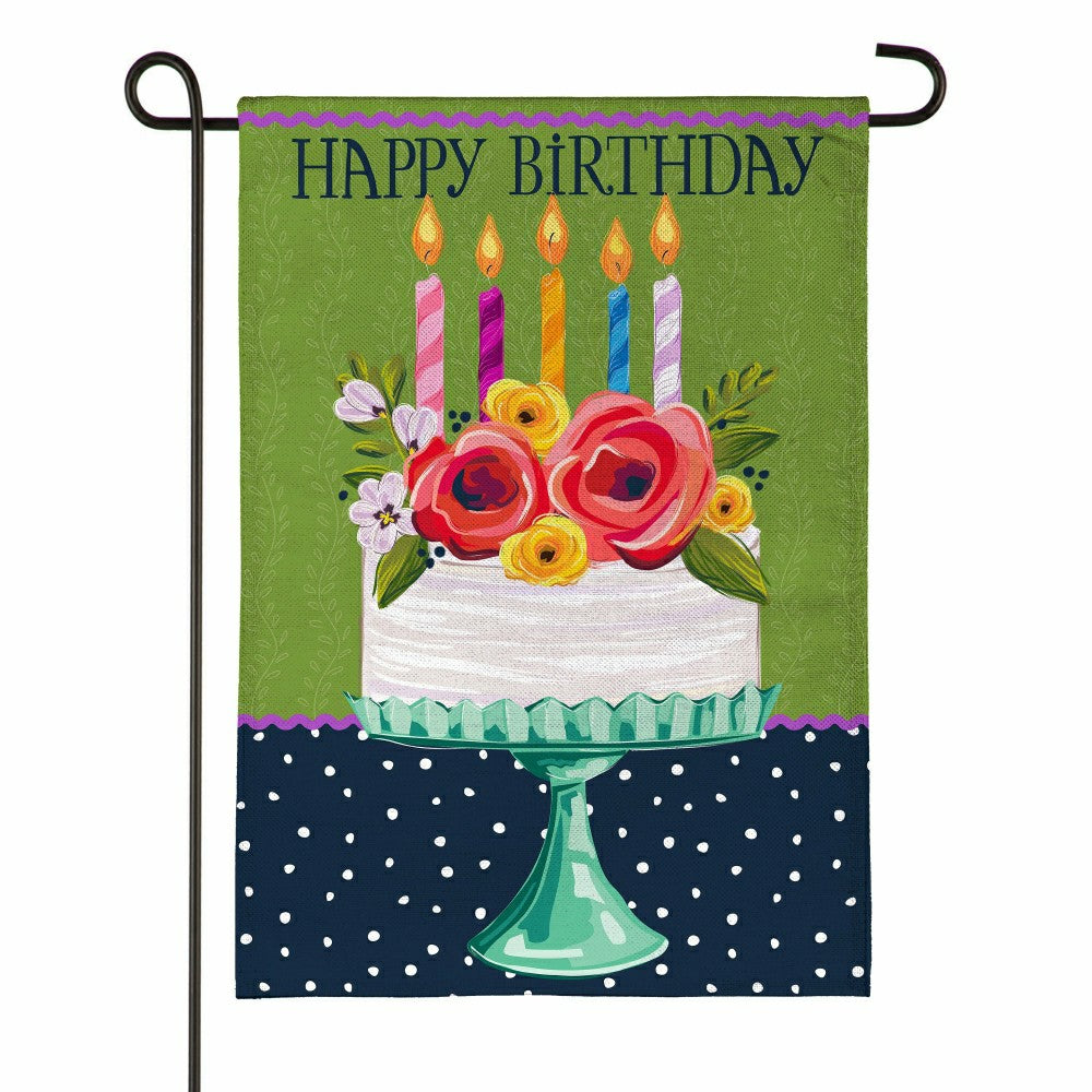 Plow & Hearth Floral Happy Birthday Cake Burlap Garden Flag