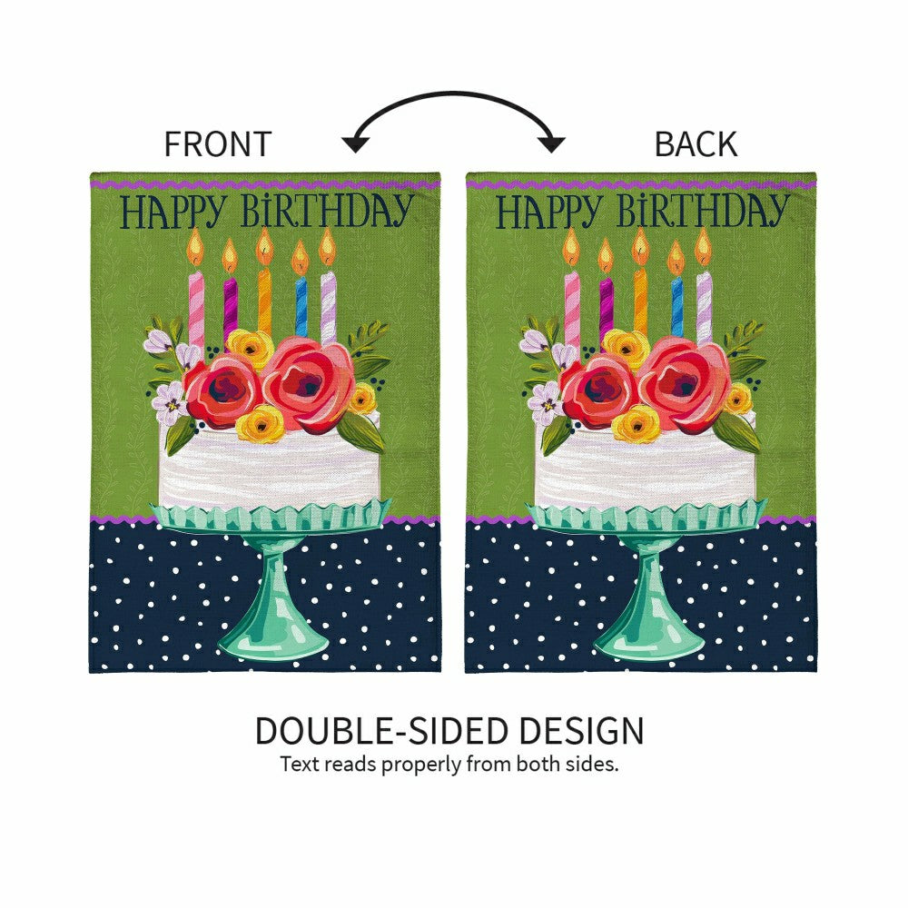 Plow & Hearth Floral Happy Birthday Cake Burlap Garden Flag