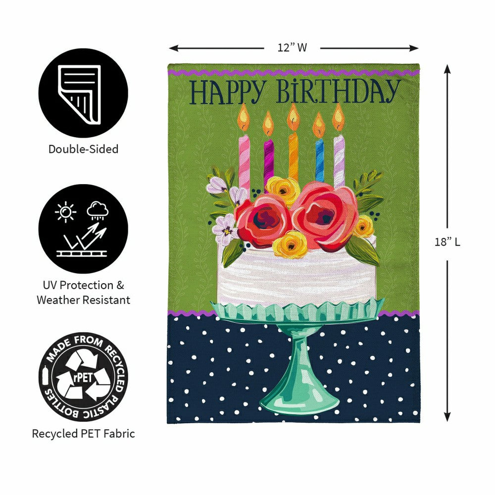 Plow & Hearth Floral Happy Birthday Cake Burlap Garden Flag