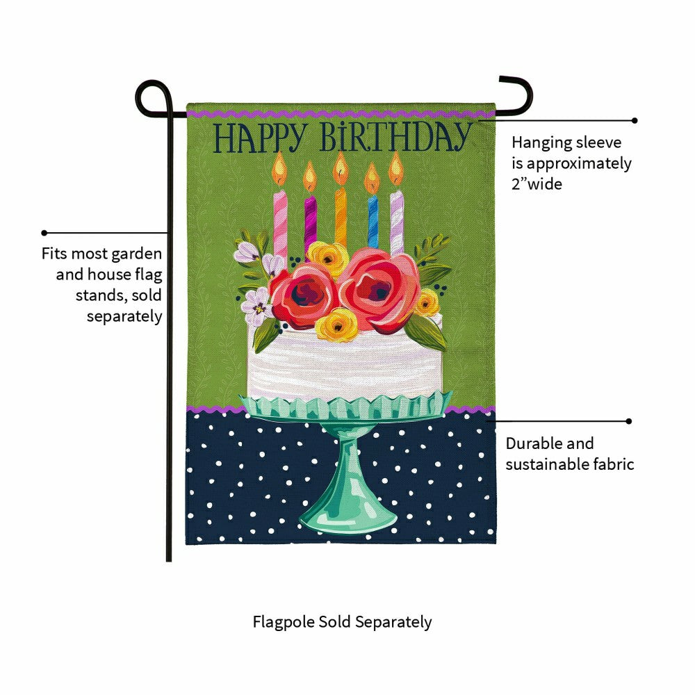 Plow & Hearth Floral Happy Birthday Cake Burlap Garden Flag
