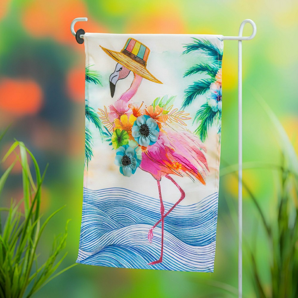 Plow & Hearth Palm Beach Floral Flamingo Applique Garden Flag