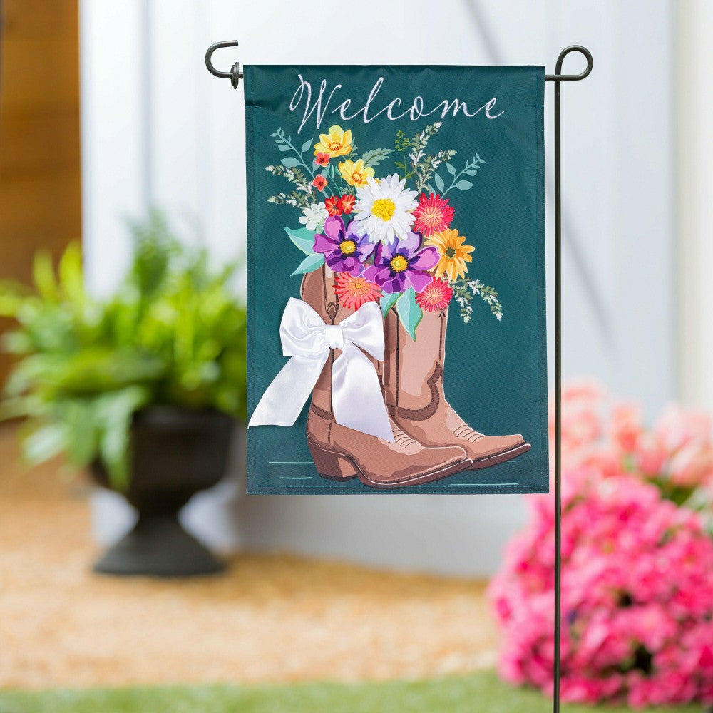 Plow & Hearth Boots And Bow Floral Applique Garden Flag