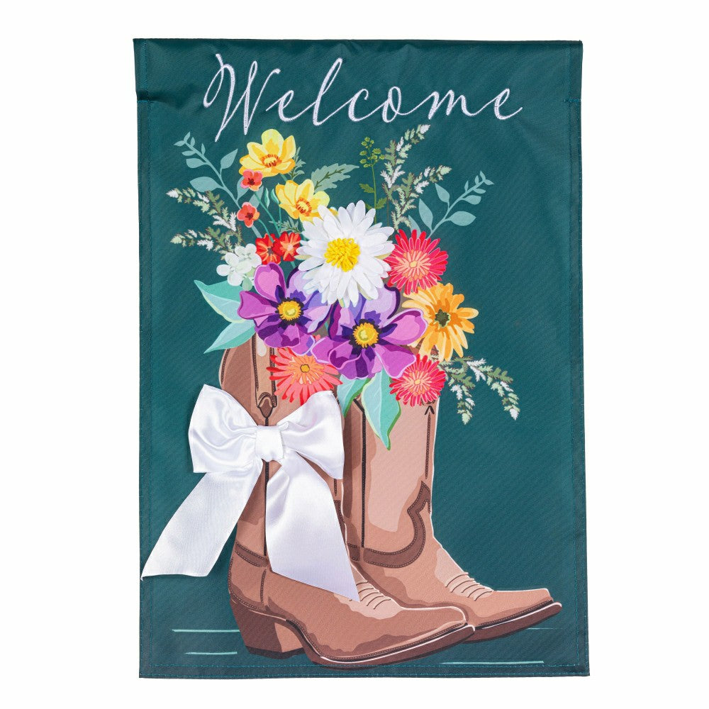 Plow & Hearth Boots And Bow Floral Applique Garden Flag