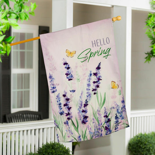Plow & Hearth Hello Spring Lavender Burlap House Flag
