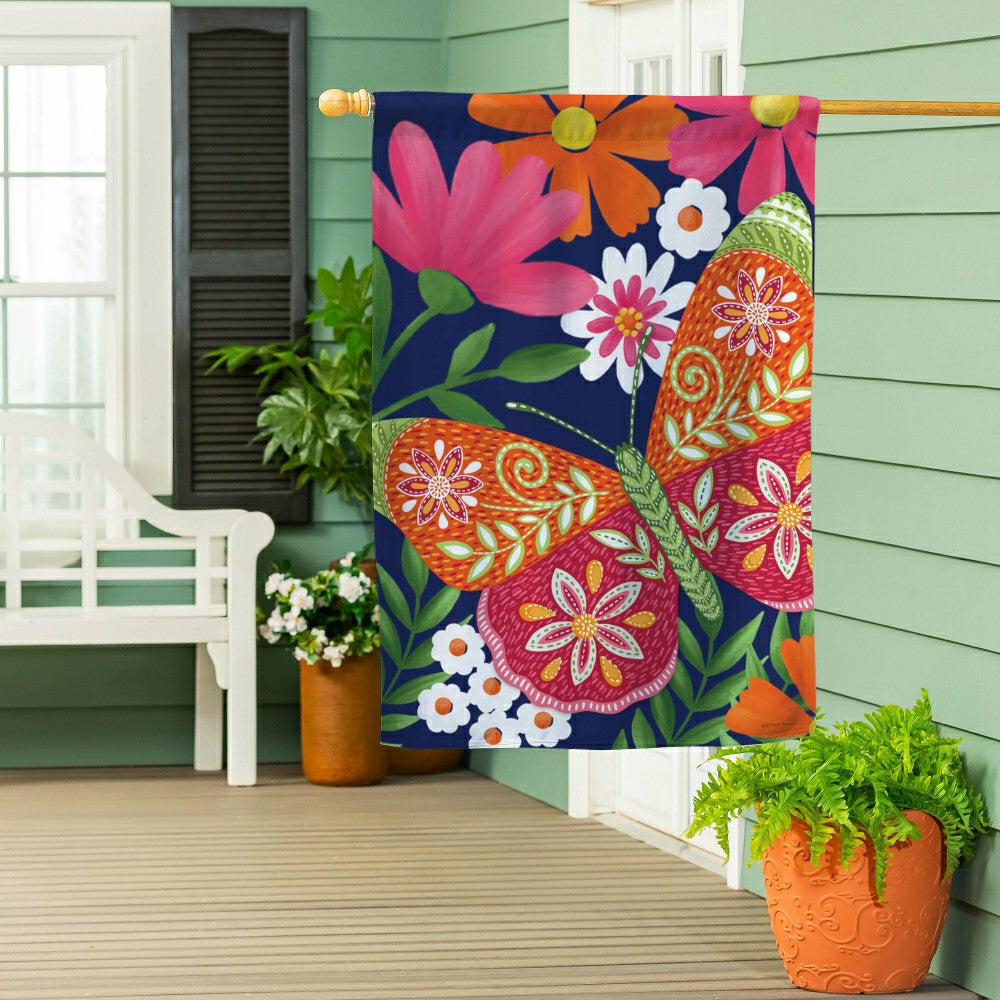 Plow & Hearth Bloom & Burst Floral Suede House Flag Front & Back