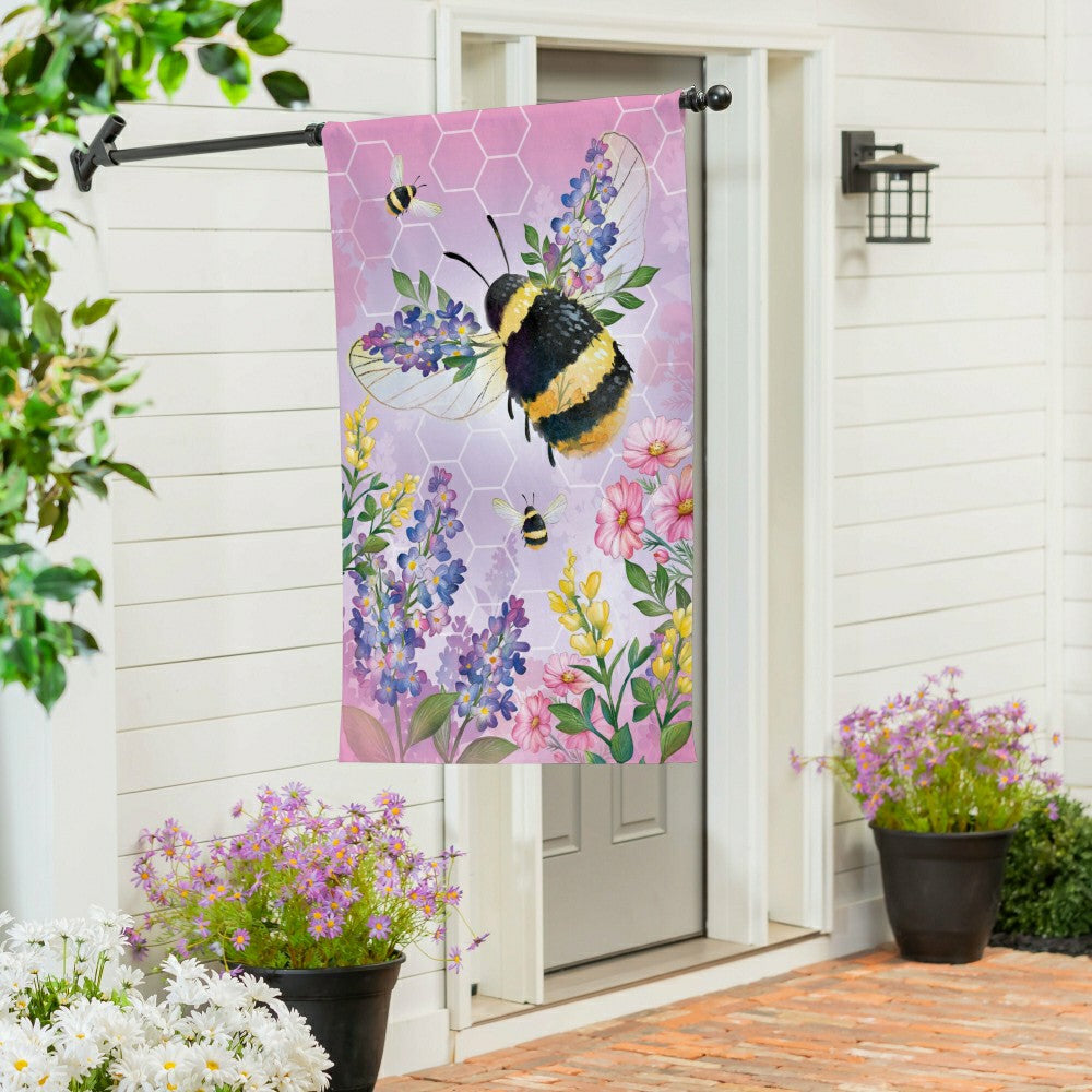 Plow & Hearth Cottage Garden Pink Florals Bee Burlap House Flag