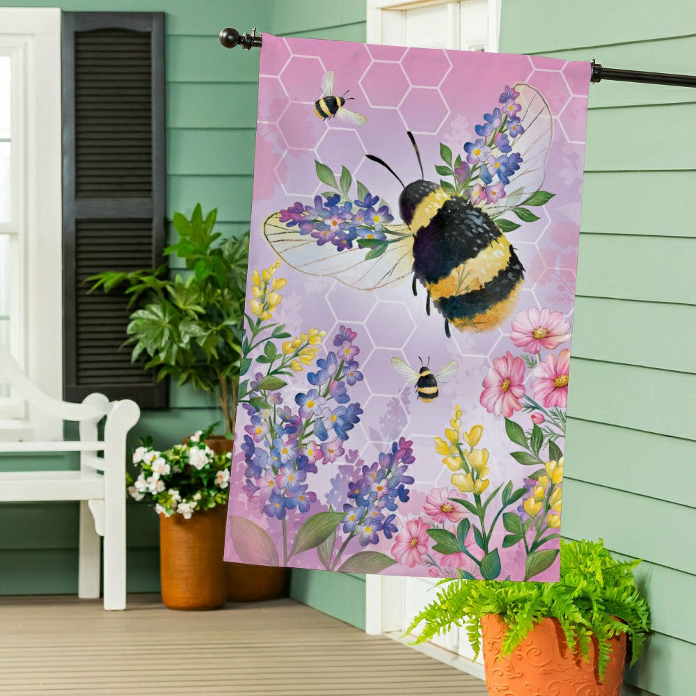 Plow & Hearth Cottage Garden Pink Florals Bee Burlap House Flag