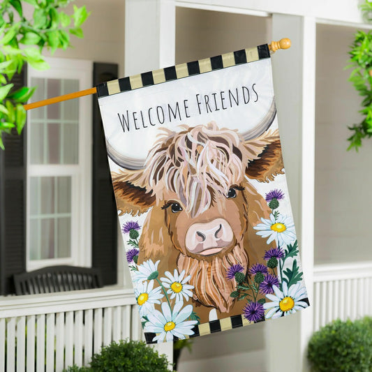 Plow & Hearth Hillside Pasture Highland Cow Welcome Friends Applique House Flag