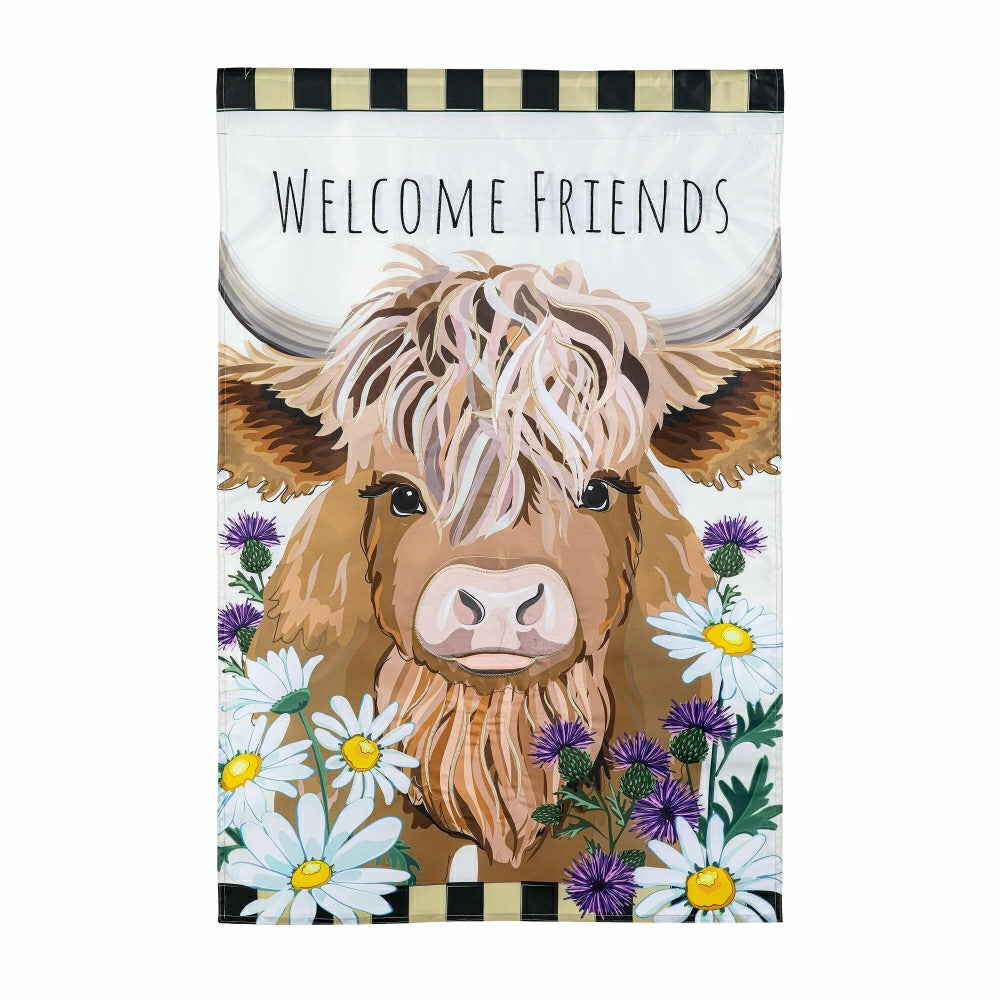 Plow & Hearth Hillside Pasture Highland Cow Welcome Friends Applique House Flag