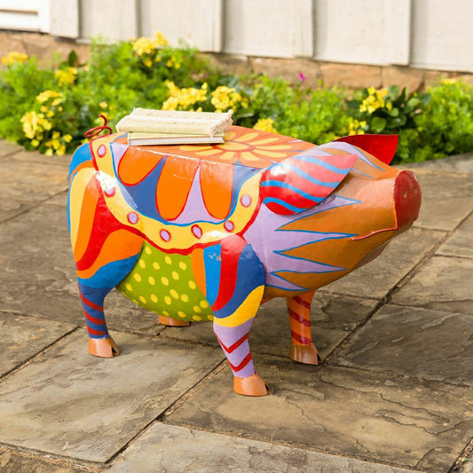 Plow & Hearth Colorful Folk Art Pig Side Table