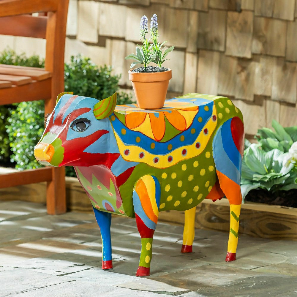Plow & Hearth Handmade Colorful Painted Folk Art Cow Metal Side Table