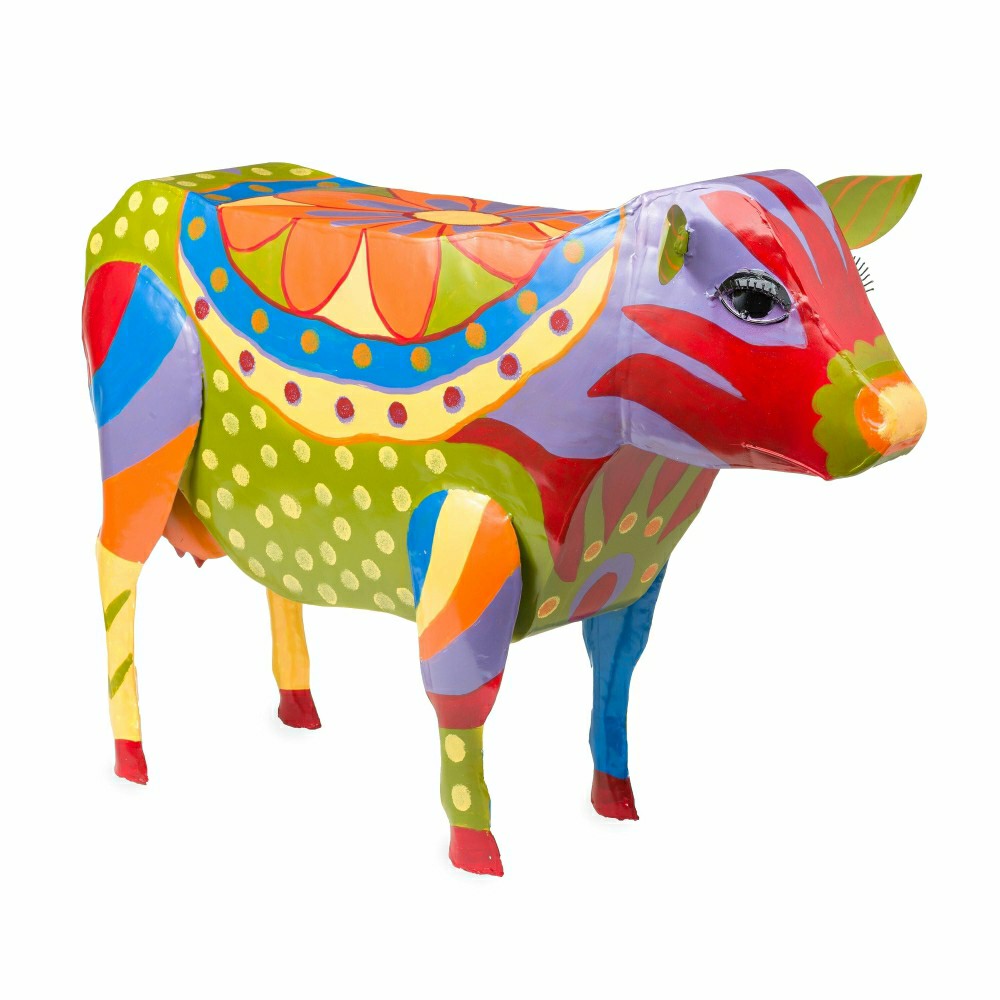 Plow & Hearth Handmade Colorful Painted Folk Art Cow Metal Side Table