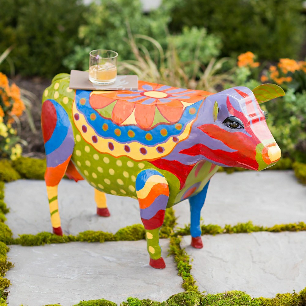 Plow & Hearth Handmade Colorful Painted Folk Art Cow Metal Side Table