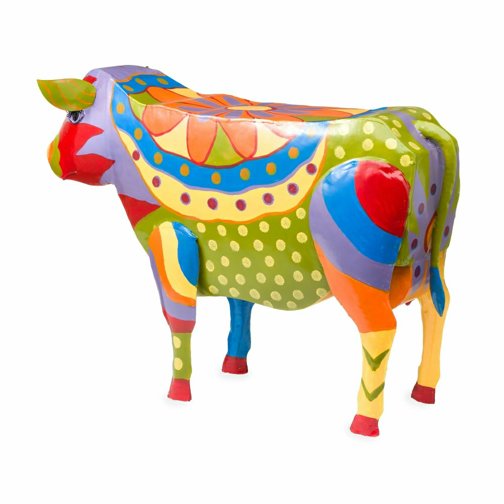 Plow & Hearth Handmade Colorful Painted Folk Art Cow Metal Side Table