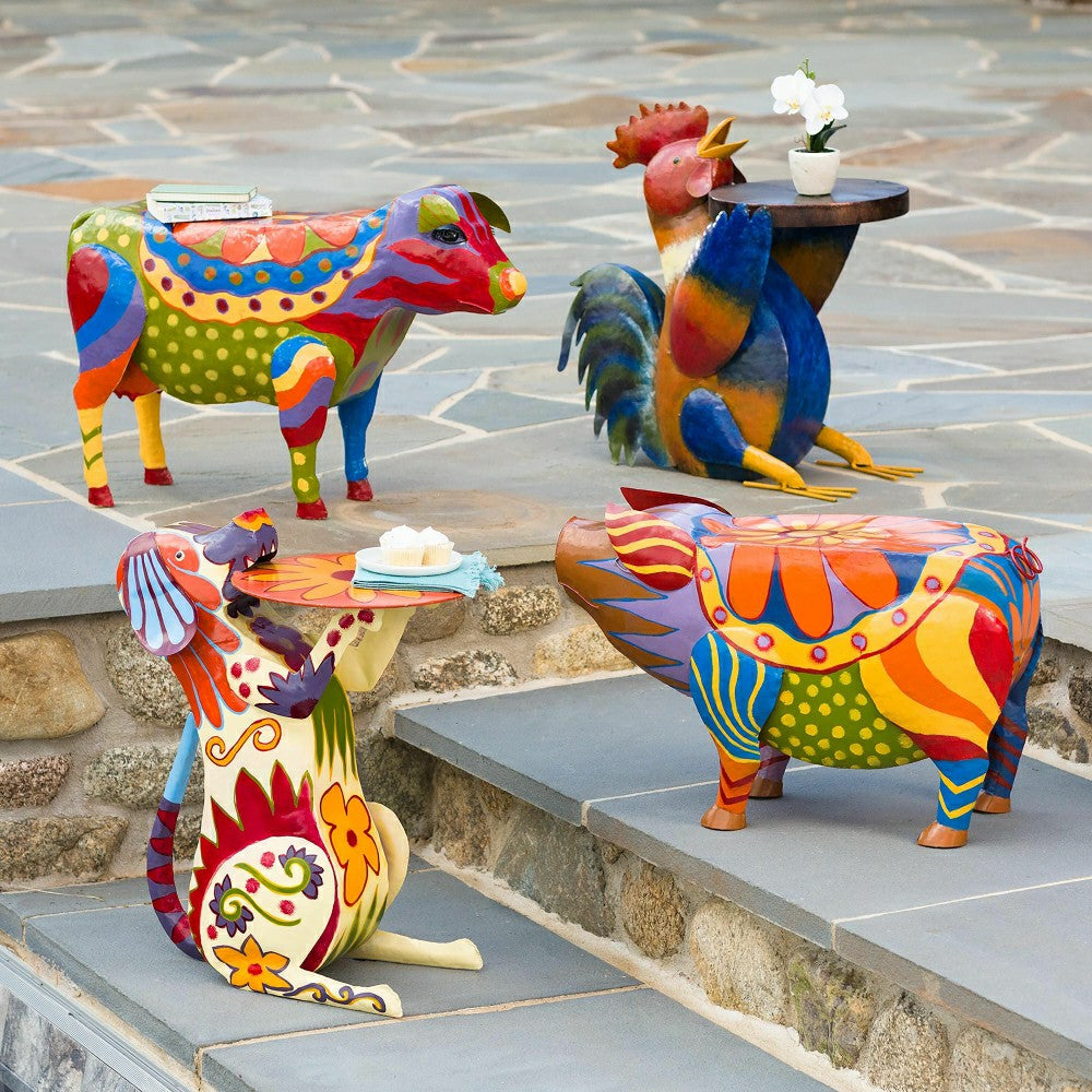 Plow & Hearth Handmade Colorful Painted Folk Art Cow Metal Side Table