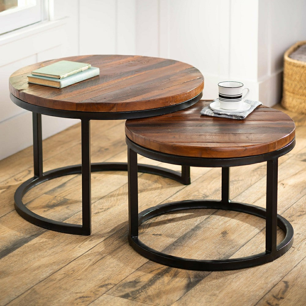 Plow & Hearth Allegheny Reclaimed Wood Round Nesting Tables, Set of 2