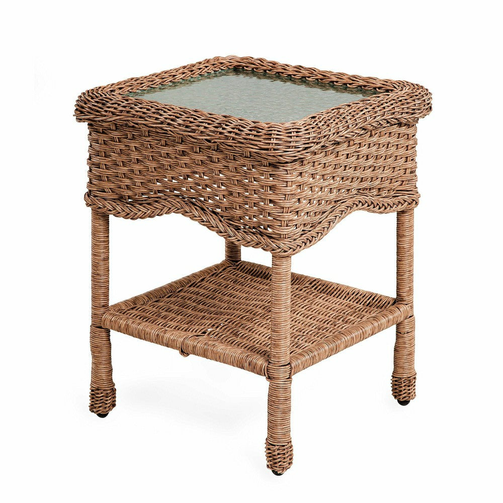Plow & Hearth Wicker End Table with Glass Tabletop