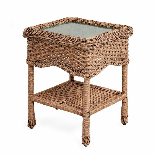 Plow & Hearth Wicker End Table with Glass Tabletop