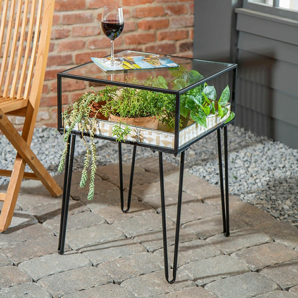Plow & Hearth Metal Table with Glass Top and Gold Metal Planter Dish