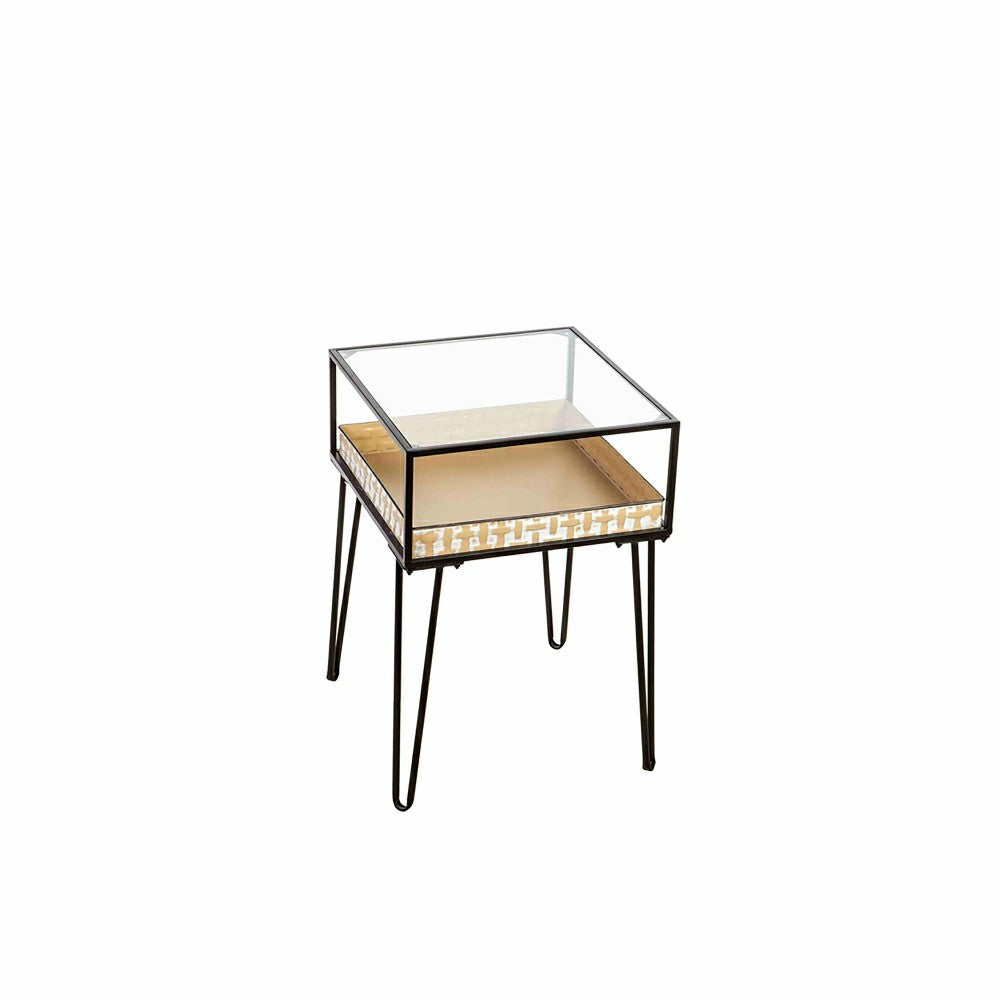 Plow & Hearth Metal Table with Glass Top and Gold Metal Planter Dish