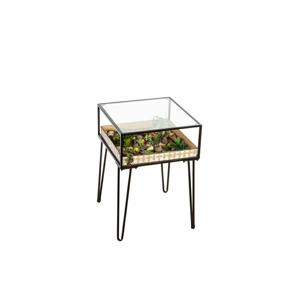 Plow & Hearth Metal Table with Glass Top and Gold Metal Planter Dish