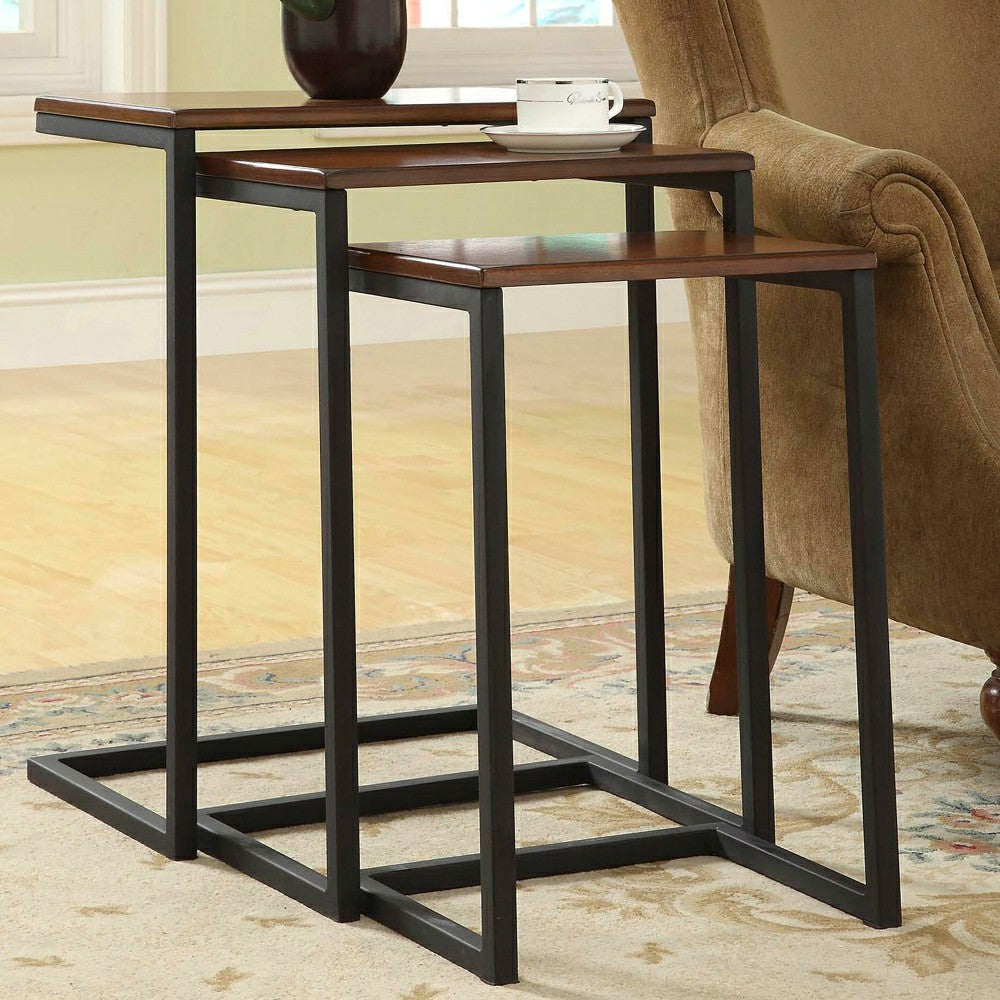 Plow & Hearth 3-Piece Industrial Style Rectangular Metal and Wood Nesting Tables